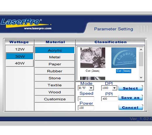 GCC C180II presets voor het lasergraveren van materialen