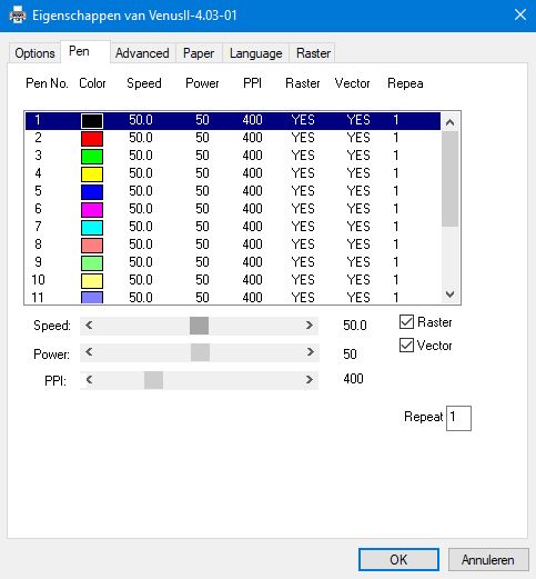 GCC Venus Driver pen instellingen, snelheid, power, ppi, raster, vector